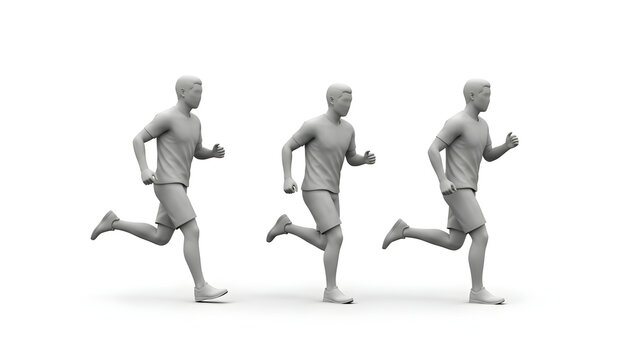 Three Dimensional Rendered Figures Depicting A Consistent Running Man Motion Sequence On A Clean White Background For Sports Analysis