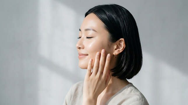 Radiant young asian woman with flawless glowing skin gently touches her smooth cheek while enjoying a peaceful moment in soft natural morning light indoors at home.