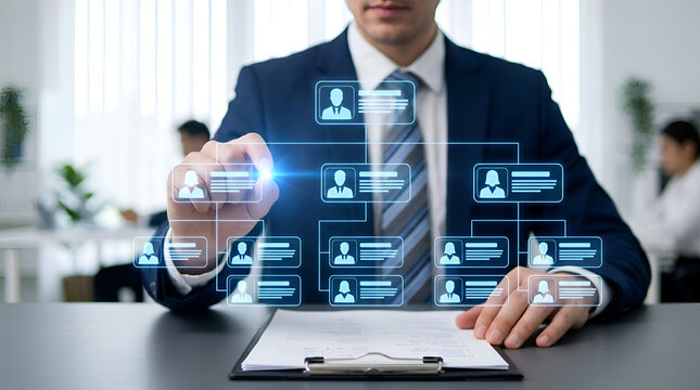 Professional Manager Using Digital Organization Chart Hologram Interface for Strategic Human Resource Management and Corporate Business Planning