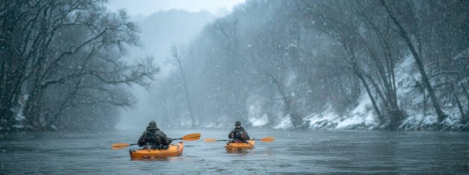 Kayakers paddle on a river during snowfall with snow-covered trees lining the banks in winter