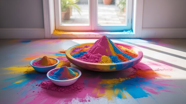 Colorful powder pigments in bowls with scattered hues on floor illuminated by sunlight festive vibrant artistic celebration scene