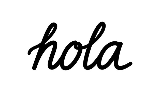 A minimalist vector graphic illustration of the Spanish greeting 'hola' in black cursive script on a white background