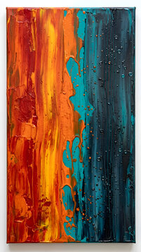 Abstract Contemporary Oil Painting Featuring Vibrant Warm Orange Red Tones Contrasting Against Cool Deep Teal Blue Textured Vertical Strokes