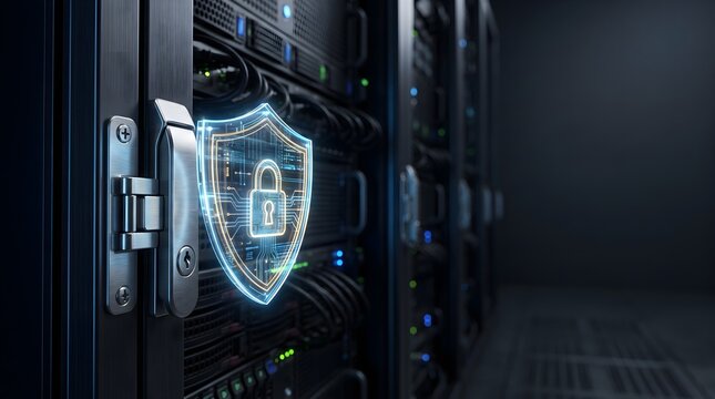 Glowing digital security shield with padlock protecting server rack in dark data center