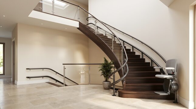 Curved stair lift chair installed on elegant dark wood staircase in spacious modern home