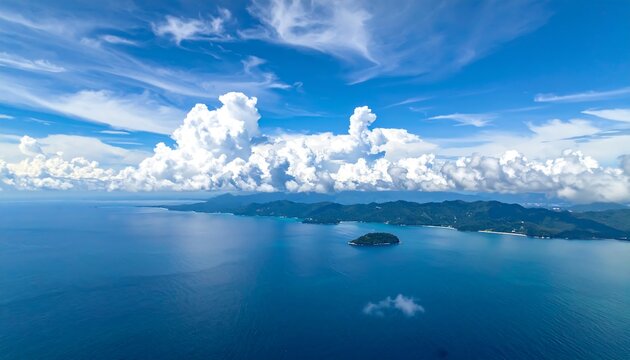 Aerial view of vast ocean with small island and distant landmass under partly cloudy sky