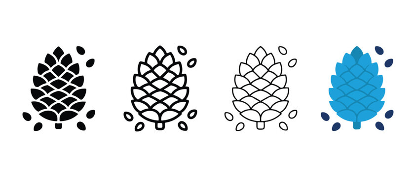 pine cone illustrations with different color variations and scattered leaves around isolated on transparent background