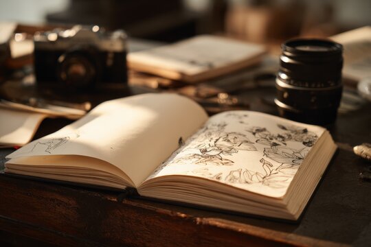 Open sketchbook with hand drawn floral sketches on wooden desk. Camera and lens beside notebook in warm sunlight. Creative hobby, artistic inspiration and fine art drawing session.