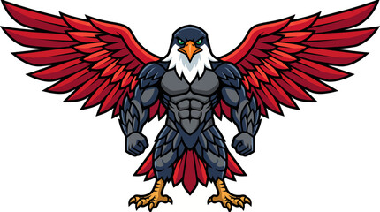 Fototapeta premium Powerful muscular eagle mascot with large red wings spread wide