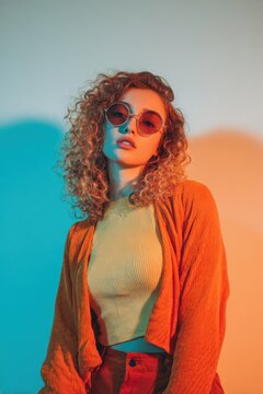 Woman with curly hair wearing round sunglasses in colorful neon light. Portrait of stylish girl in trendy fashion clothing against blue and orange gradient background. Retro mood style.
