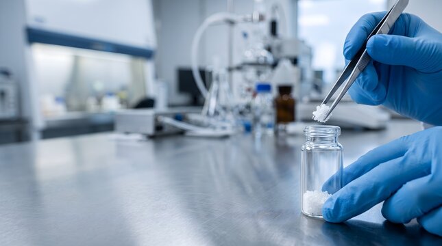 Gloved scientist placing small white solid compound into empty vial for laboratory sample preparation