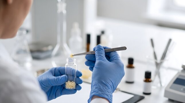 Laboratory scientist placing a small round ingredient into glass vial during formulation testing