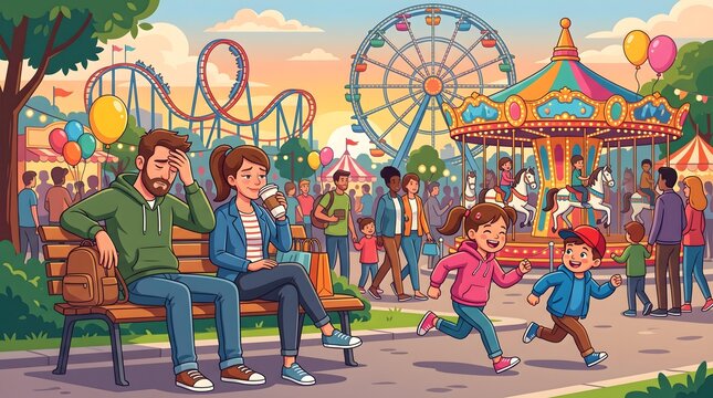 Exhausted Parents Watching Energetic Children at a Busy Amusement Park.