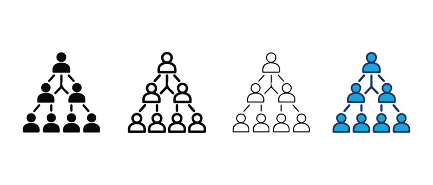 hierarchical organizational structure with people icons showing a chain of command and teamwork in different styles and colors