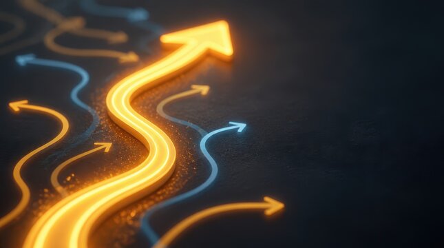 Strategic navigation glowing path concepts. Bright glowing arrow leading forward among multiple arrows on dark surface