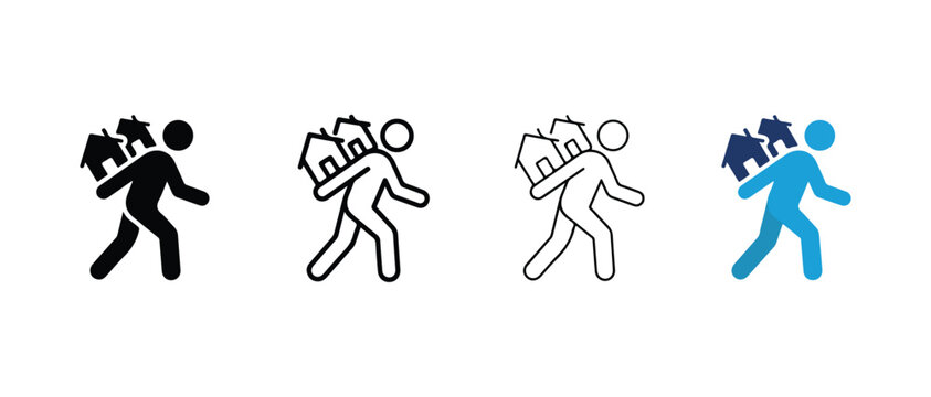 person carrying multiple houses on their back in various icon styles representing housing burdens or property ownership challenges