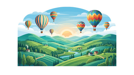 Fototapeta premium Hot air balloons flying over landscape.