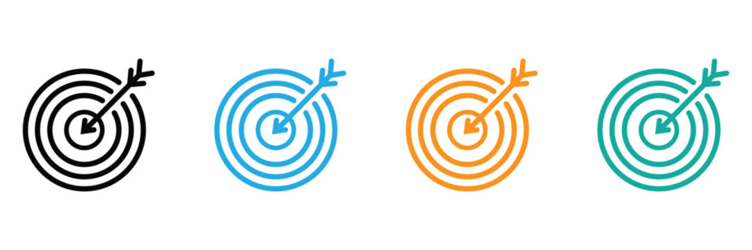 Target Arrow Vector Icon set. Bullseye Goal Symbol. Business Success Target Illustration. Aim Achievement Logo. Marketing Strategy Icon. Minimal Flat Design. Black Blue Orange Outline Vector Graphic
