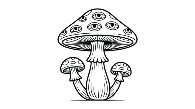 Trippy fantasy mushroom line art drawing with multiple eyeballs on the cap, ideal for creative coloring book pages.