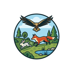 Fototapeta premium Fox Hunting Rabbit with Eagle Overhead.
