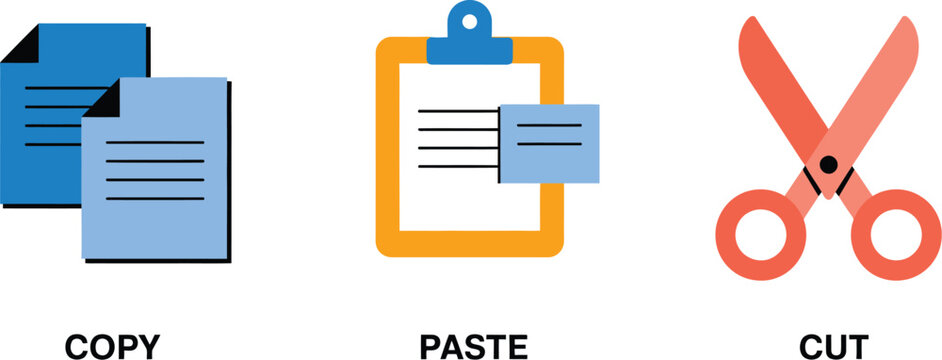 Copy paste cut icons featuring modern flat vector styles, editable UI symbols, and digital workflow tools for web and app design.