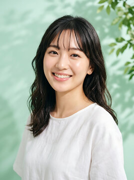 Young asian woman with beautiful healthy skin and dark wavy hair smiling brightly at the camera while wearing a simple white top in a soft studio