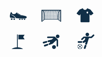Soccer football icon set containing boot cleat goal net jersey corner flag goalkeeper and player kicking ball silhouettes vector © RIKTA