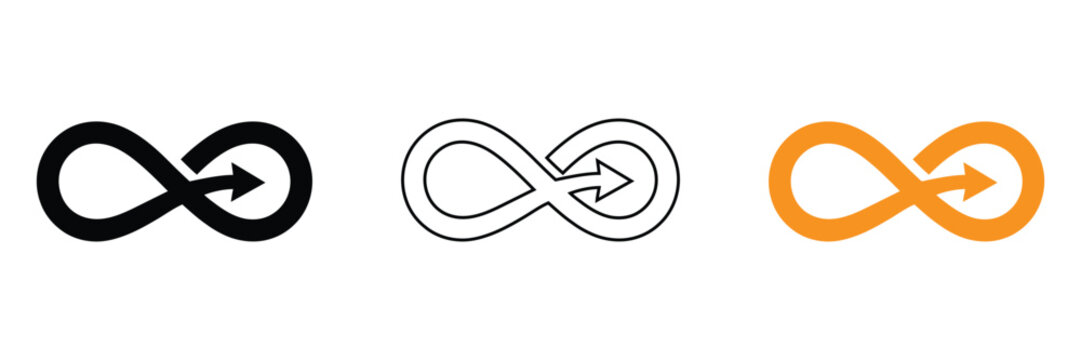 Infinity arrow icon set vector illustration isolated on white background. Endless loop arrow linear outline, solid black, orange vector symbols for business, process, motion, loop, sign.