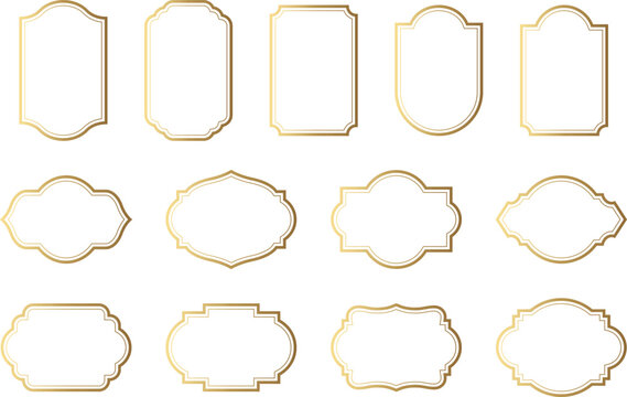 Premium decorative frame set with shiny gold outline. Vintage Logo Borders, luxury Shapes and elegant Badge Templates Set. Collection for classic packaging, luxury mockups and boutique branding.