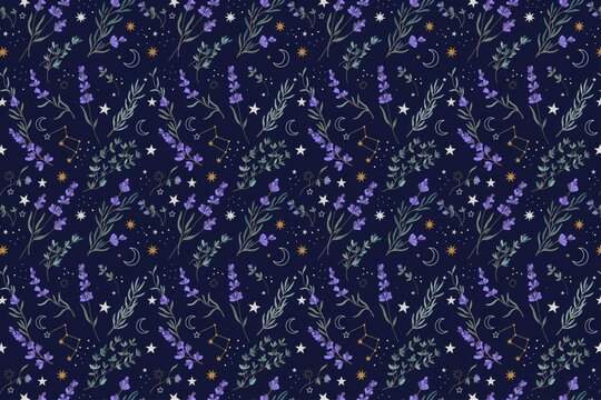 Seamless pattern with lavender flowers, celestial stars, moons, and constellations on a dark blue background, for fabric print