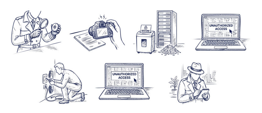 Cybersecurity sketch icons set detective investigating data breach and unauthorized computer access. Hand drawn doodle concepts of digital security, espionage, wiretapping, private investigation.