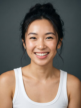 Young beautiful asian woman with glowing skin and a bright radiant smile wears a simple white tank top while posing for a professional studio headshot portrait