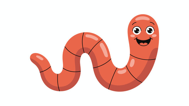 Smiling cartoon pink earthworm wiggling playfully on a clean white background in a simple modern style.