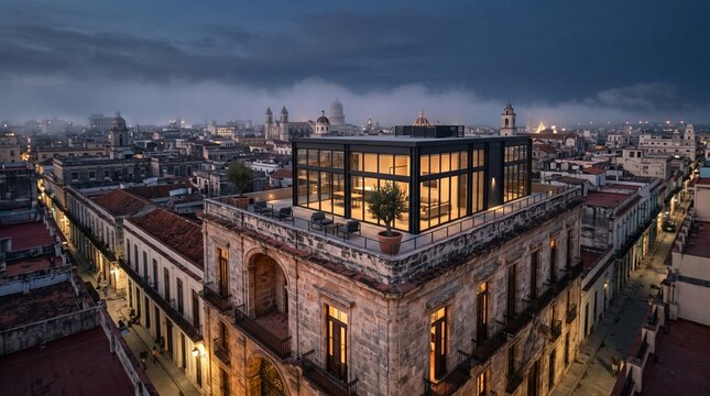 Modern Glass Penthouse Rooftop Extension Above Historic Colonial City