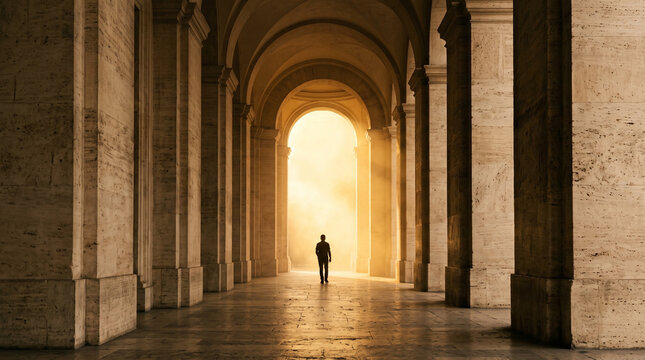 Man Walking Toward Light Through Classical Archway