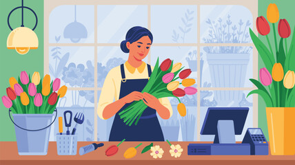 Fototapeta premium Friendly female florist carefully arranging a colorful bouquet of tulips at her cozy flower shop counter.