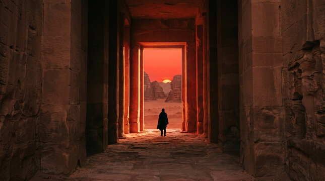 Silhouette Figure Standing in Ancient Stone Doorway at Sunset