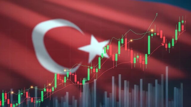 Turkish Economy A visual representation of the Turkish economy with the national flag in the background and an upward trending stock market graph