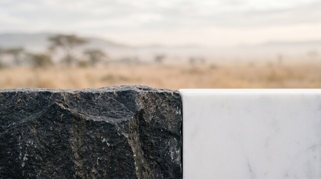 Dark Rock Edge Meeting White Railing Against Blurred Landscape