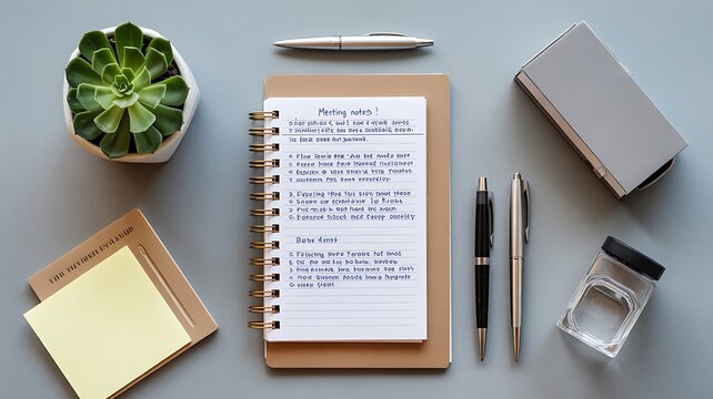 A well-organized desk flat lay featuring a notepad with meeting notes, two pens, and a succulent plant. 