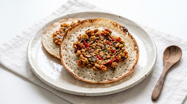 Savory traditional Sundanese rice flour pancakes, Serabi Oncom, topped with spicy saut&eacute;ed fermented soy paste, chili, and basil, served on a ceramic plate.