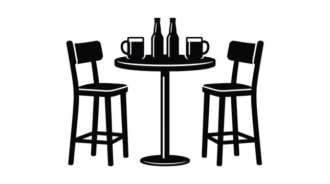 Minimalist black and white vector icon showing two tall bar stools and a small round bistro table with beer bottles and mugs for a pub