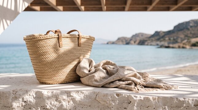 Straw Basket and Linen Shawl by Coastal Beach