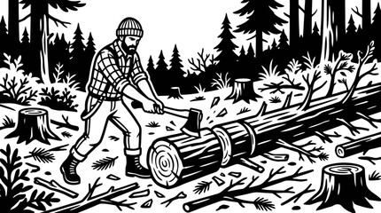 A lumberjack in a forest chopping a large fallen tree trunk with an axe, surrounded by tree stumps and branches, in a black and white illustration style. © Dowi