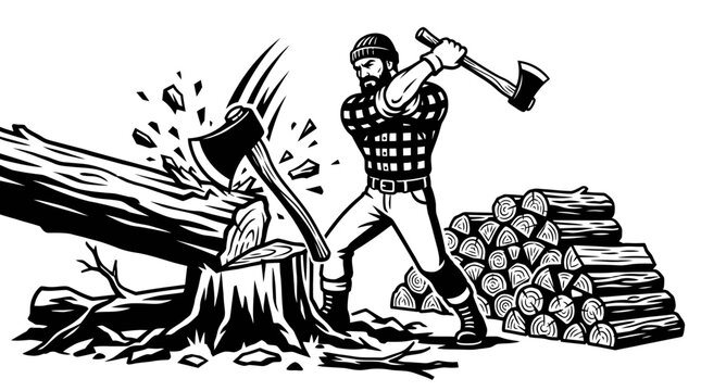 Vintage illustration of a strong lumberjack chopping wood with an axe, creating a pile of firewood logs.