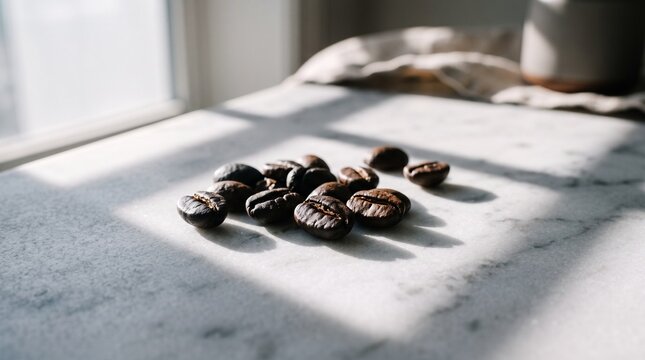 Coffee Beans in Morning Sunlight on Marble Surface