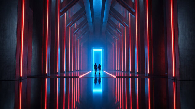 Two People Walking Toward Glowing Blue Light in Neon Corridor
