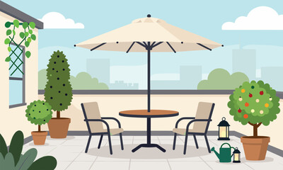 Obraz premium Sunny rooftop terrace featuring a cozy dining table under a large umbrella surrounded by beautiful green potted plants.