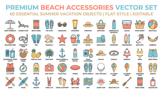 Essential beach vacation and summer travel equipment icons set