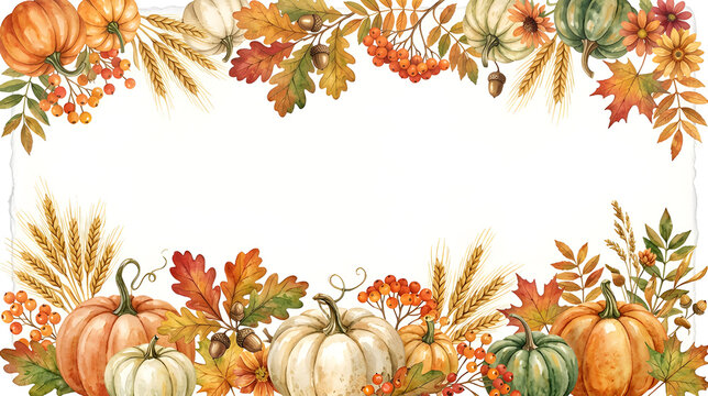 Elegant Thanksgiving border with pumpkins, wheat, autumn foliage, berries and oak leaves, luxury watercolor style, isolated on white background